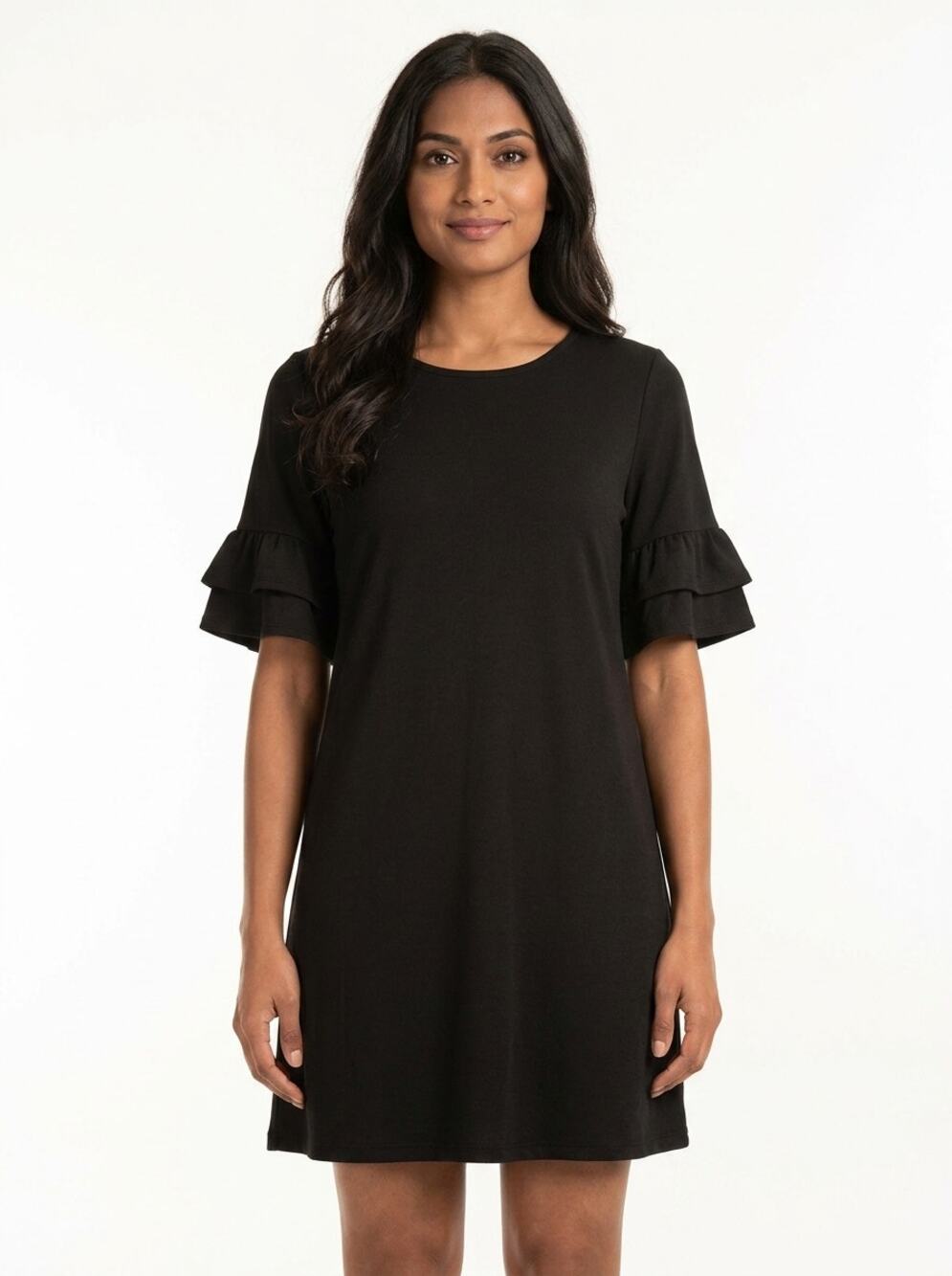 New Directions Black Ruffle Sleeve Stretch Knit Shift Dress Women Size S